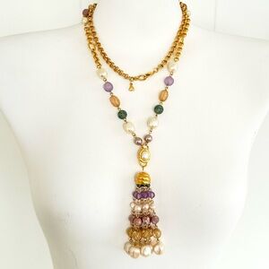 Liz Claiborne Gold and Purple Tassel Pendant Beaded Necklace